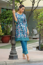 Women Cyan Embroidered Printed  Kurta Set With Laced Solid Pants-141-Vaas-Cyan